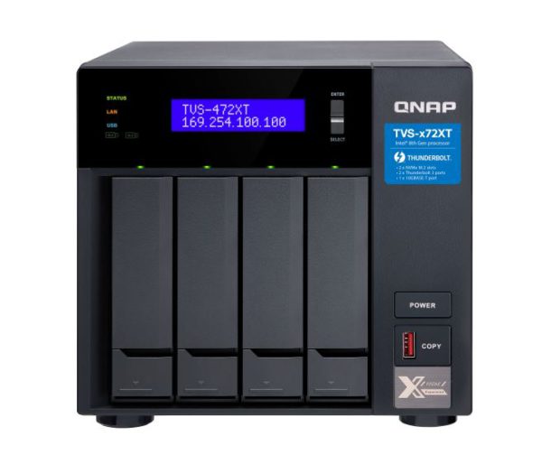 QNAP TVS-472XT-PT-4G 4 Bay NAS Intel® Pentium G5400T 2-core 3.1 GHz 4GB DDR4 Hot-swappable 2 xPCIe 2xGbE 1x10GBASE-T 2xThunderbolt 1xUSB3.2 2 yrs wty