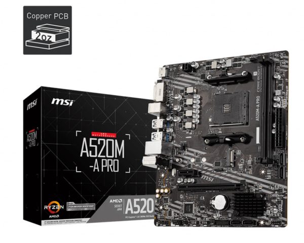 MSI A520M-A PRO AMD mATX Motherboard - AM4 Ryzen 2xDDR4 2xPCIE 1xM.2 1xDVI-D 1xHDMI 6xUSB 3.2 6xUSB2.0