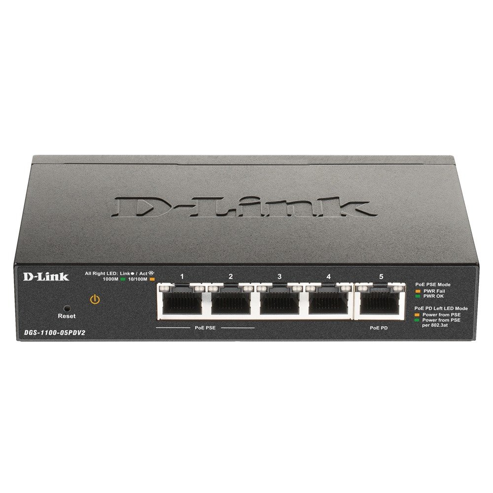 D-Link DGS-1100-05PDV2 5-Port Gigabit PoE-Powered Smart Switch 2 PoE pass-throug